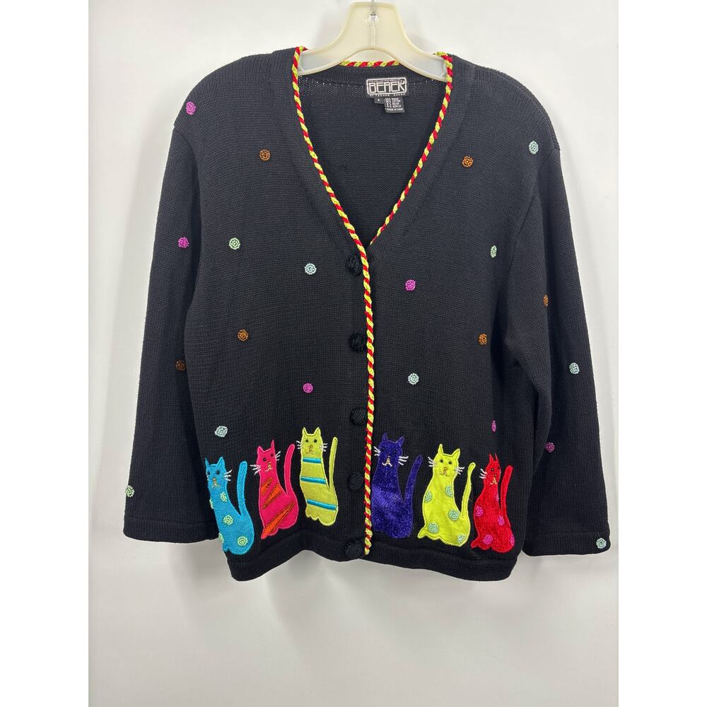 Vintage 90s Berek Cat Black Cardigan Sweater L Large